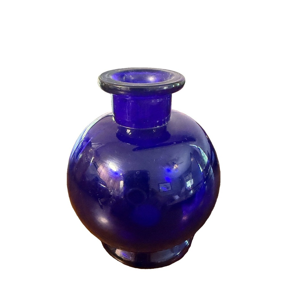 Vintage Cobalt Blue Glass Bud Vase Round Ball Globe Rolled Rim 4.5" MCM Decor